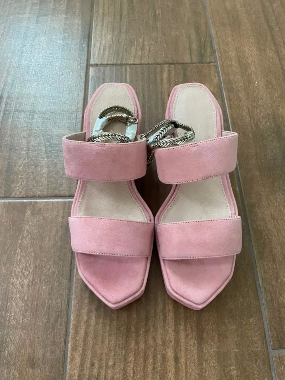 CECILIA NEW YORK Baleves Pink Suede Platform Wedge Sandals with Chain Strap